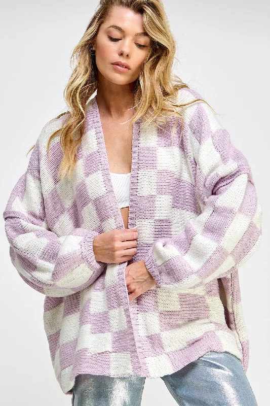 Lavender Checkered Oversized Cardigan Zippered Buttoned Snapped