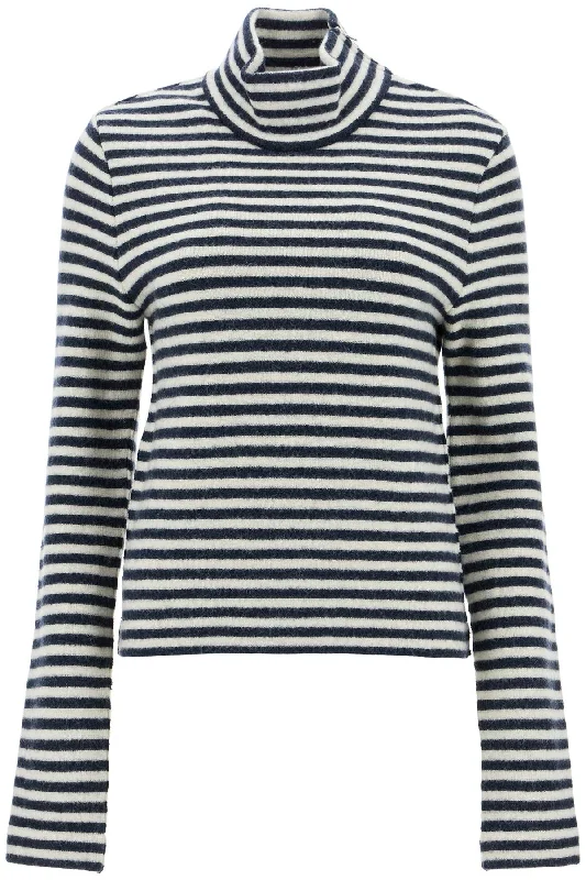 Striped Boiled Wool Knit Pullover Sweater  - Blue Welt Pockets Slit Pockets Flap Pockets