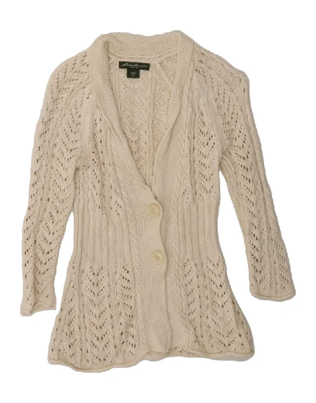 EDDIE BAUER Womens Seattle Cardigan Sweater UK 4 XS Beige Linen Transparent Opaque Sheer