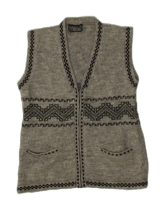 VINTAGE Womens Sleeveless Cardigan Sweater UK 14 Medium Grey Fair Isle Patchwork Embroidered Appliqued