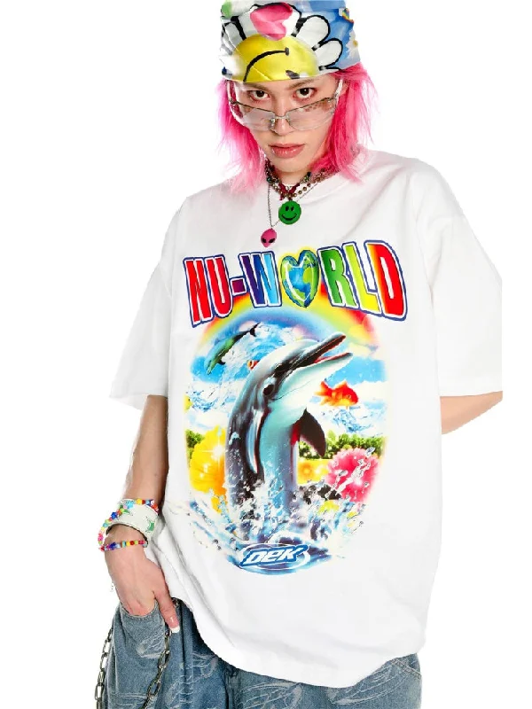 Y2K American Retro Dolphin Print Hoodie / T-Shirt【s0000003890】 Hoodie with Hood Adjustable Protection Y2K American Retro Dolphin Print Hoodie / T-Shirt【s0000003890】 Hoodie with Hood Adjustable Protection