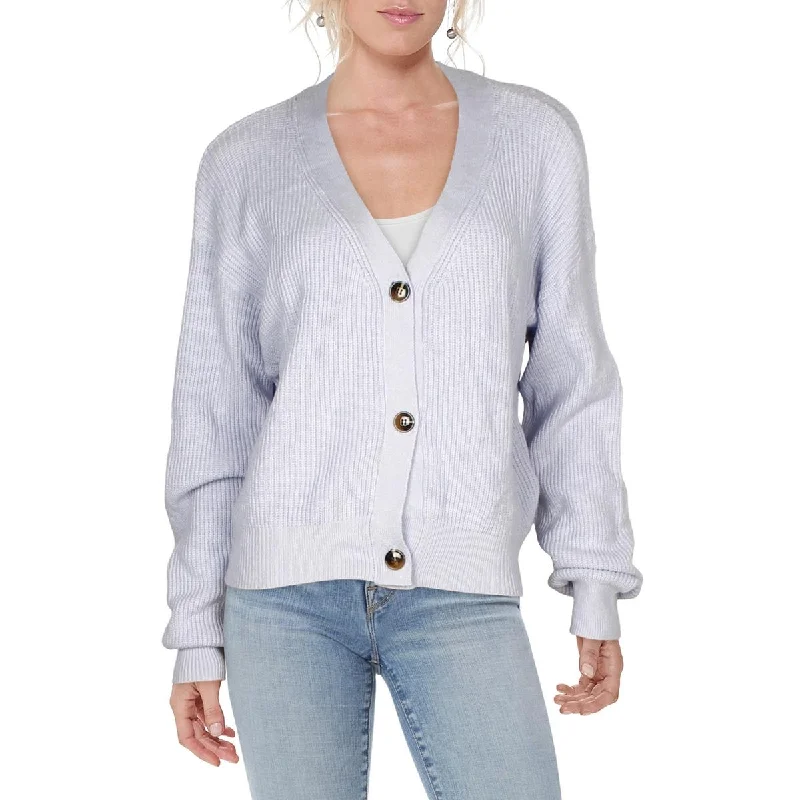 Womens Ribbed Knit Button-Down Cardigan Sweater Spandex Blend Rayon Blend Denim Blend