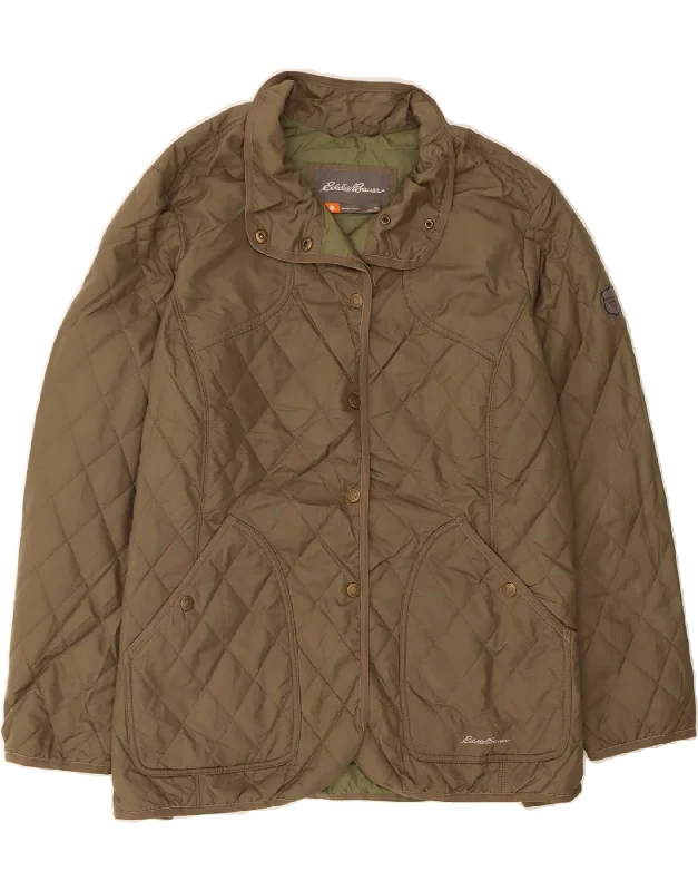 EDDIE BAUER Womens Quilted Jacket UK 22 2XL Khaki Polyester Wool Fabric Cashmere Fabric Tweed Fabric