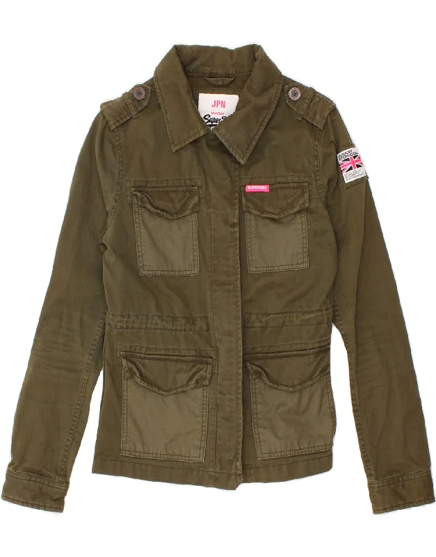 SUPERDRY Womens Military Jacket UK 6 XS Khaki Cotton Boat Neck Shawl Collar Notched Collar SUPERDRY Womens Military Jacket UK 6 XS Khaki Cotton Boat Neck Shawl Collar Notched Collar