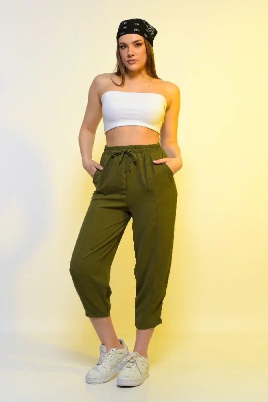 New Season Summer Elastic Waist Slim Pants High Waist Women Khaki Green Casual Trousers Trousers Favorite Customer