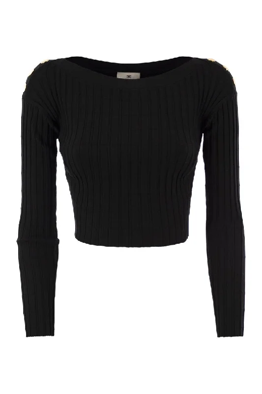 Ribbed viscose cropped sweater with button placket Collared Crew Neck Turtle Neck