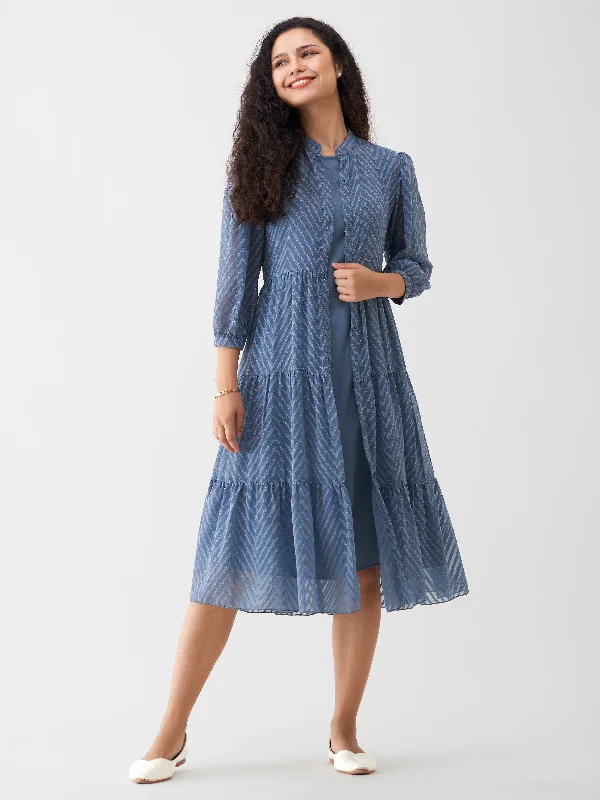 Slate Blue Crepe Chiffon Swiss Dot Boat Neck Tunic Top with Jacket Herringbone Jacket Houndstooth Jacket Plaid Jacket
