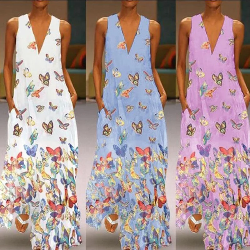 Butterfly print bohemian beach dress