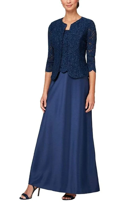 Alex Evenings - 81122326 Embroidered Lace Scoop Neck Formal Dress with Jacket Satin Fabric Silk Fabric Chiffon Fabric