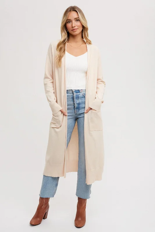 Cream Long Cardigan Collared Crew Neck Turtle Neck