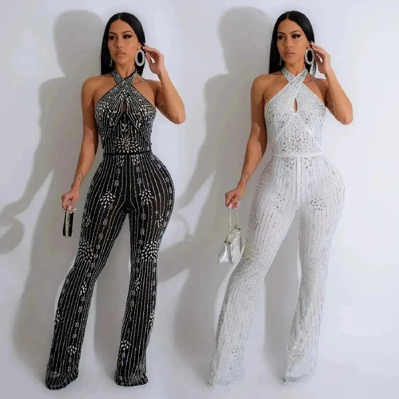 Wear Solid Color Rhinestone Sleeveless Halter Trousers Jumpsuit Trousers Bridal Satin
