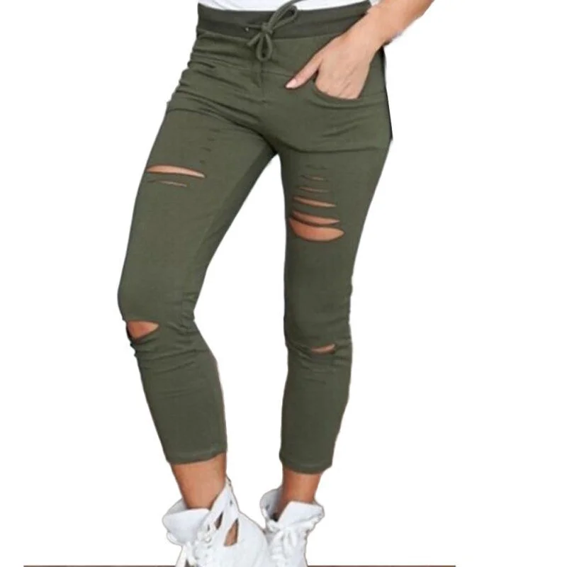 Female Trousers Women Hole leggings Ripped Pants Slim Stretch Drawstring Trousers Pants Army Green Pants Trousers stylish elegant