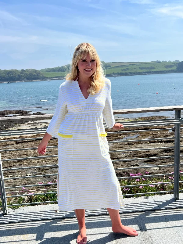 Victoria Striped Towelling Beach Dress / Cover Up | White & Lemon, Lemon Trim