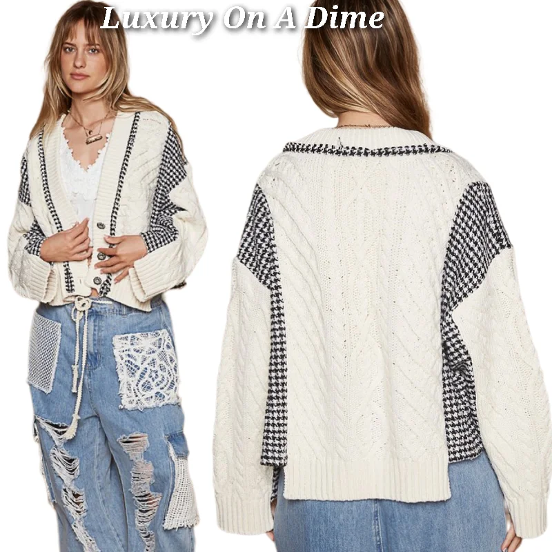 POL Cable Knit Jacket Patchwork Retro Button-up Houndstooth Oversized Cardigan Open Front Closed Front Wrap Front POL Cable Knit Jacket Patchwork Retro Button-up Houndstooth Oversized Cardigan Open Front Closed Front Wrap Front
