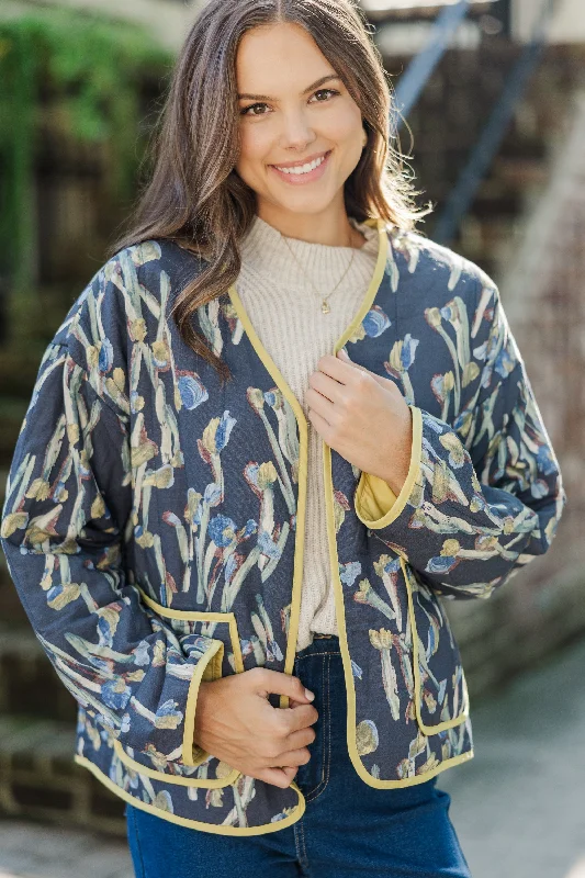 Whatever You Want Navy Blue Floral Quilted Jacket Belted Jacket Elasticated Jacket Padded Jacket