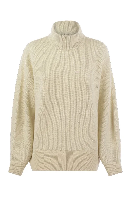 Wool and cashmere rib sweater with sequins Notch Collar Peter Pan Collar Cowl Neck