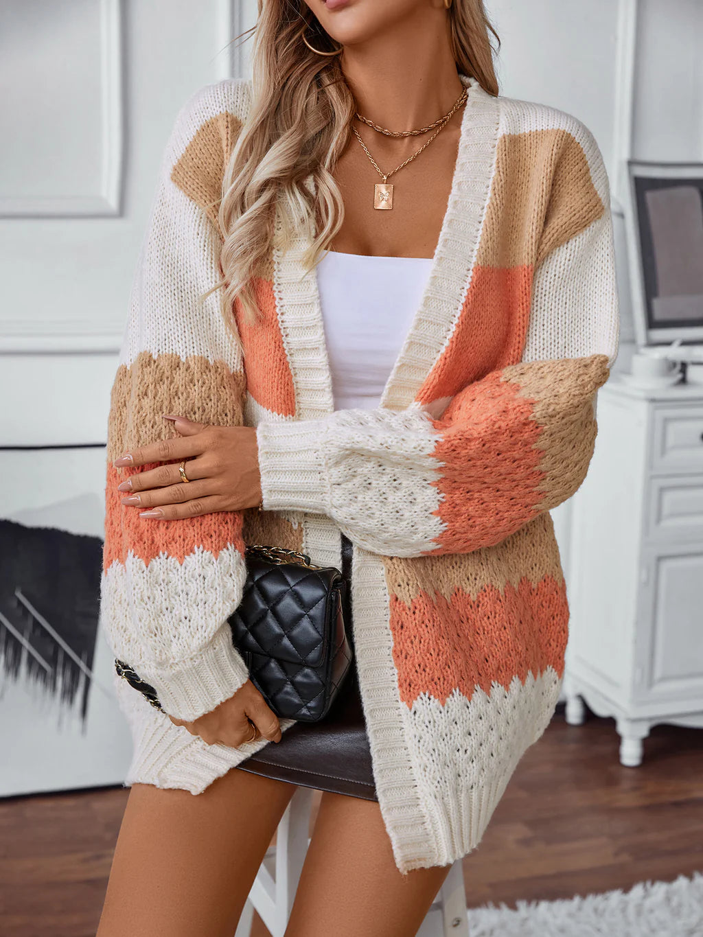 Cardigan Loose Lantern Sleeve Striped Sweater Cable Knit Ribbed Knit Lace Knit