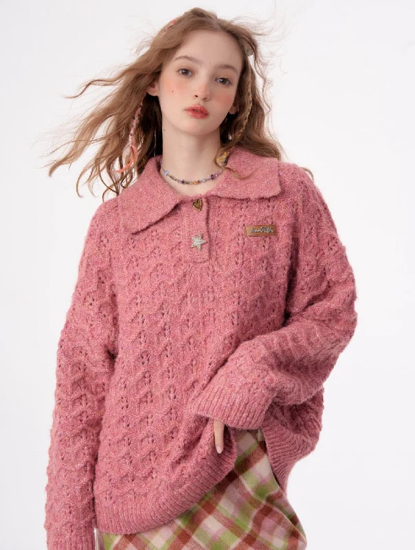 American Retro Gentle Hollow Texture Polo Collar Sweater ZIZ0009 Polka Dot Checkered Tartan