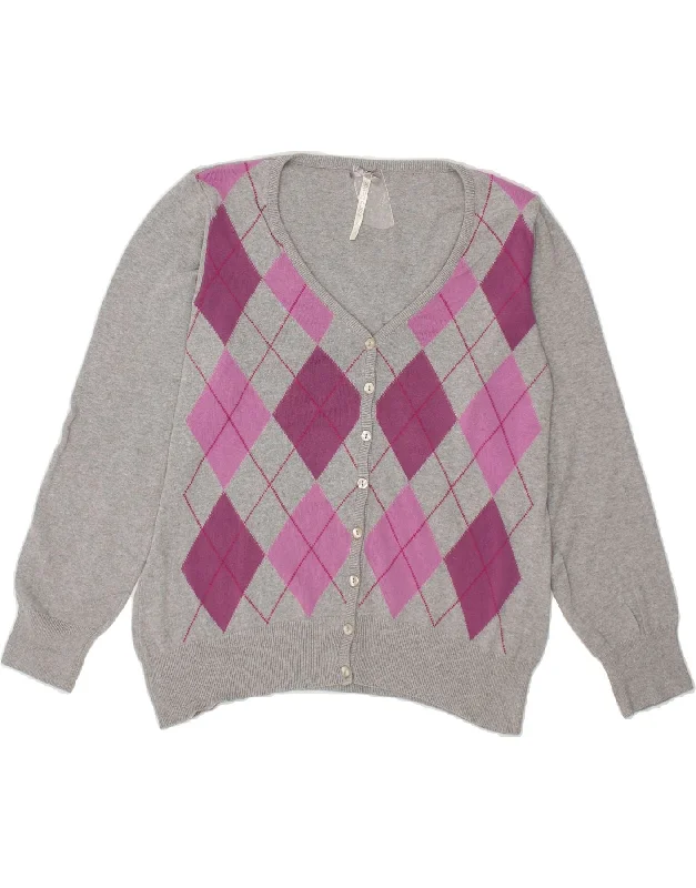 PACO Womens Cardigan Sweater UK 18 XL Grey Argyle/Diamond Cotton Asymmetrical,ymmetric Pencil Cardigan