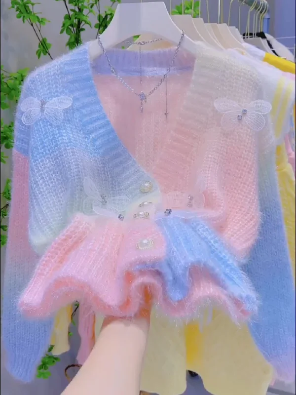 Butterfly Embellishments Pearl Pastel Cardigan Mesh Cardigan Canvas Denim