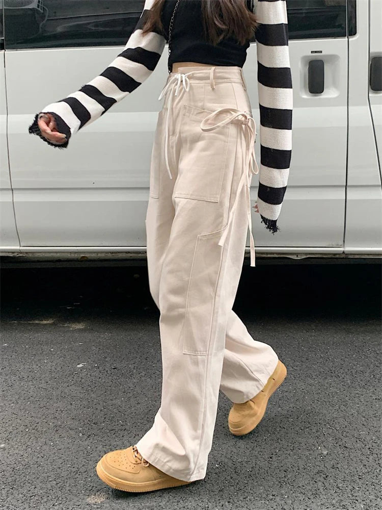 Advbridg Casual Lace Up Cargo Pants Y2k White Streetwear Women Side Drawstring Design Trousers Hip Hop Pants Spring New Trousers Winter Warm