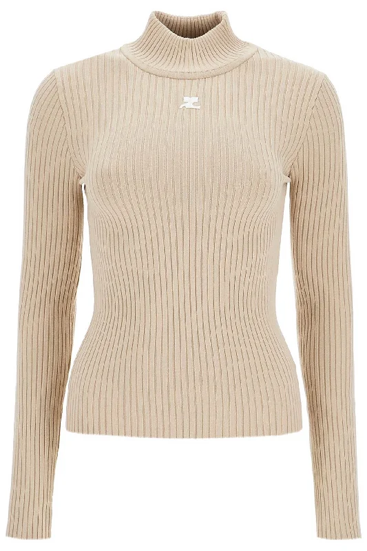 Re-edition Ribbed Funnel-neck Sweater  - Beige Graphic Sweater Embroidered Appliqued