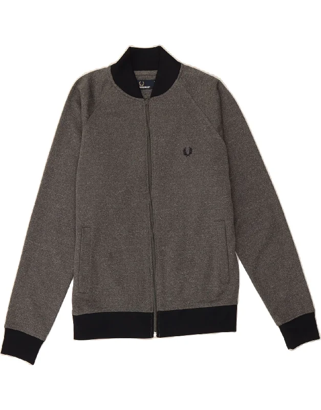 FRED PERRY Womens Tracksuit Top Jacket UK 16 Large Grey Polyester Boat Neck Shawl Collar Notched Collar