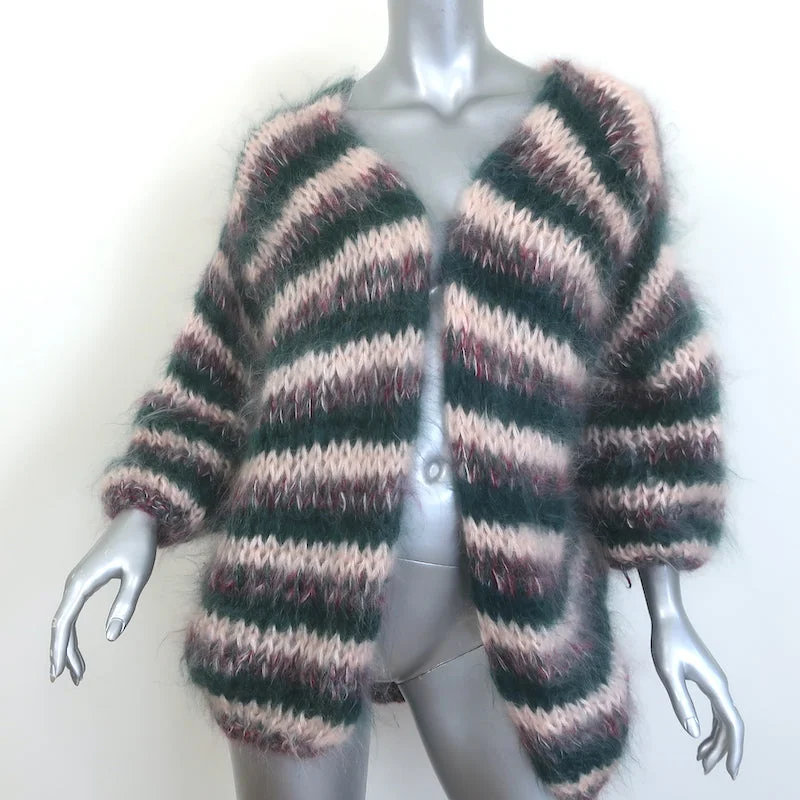 Les Tricots d'O Striped Cardigan Green/Light Pink Mohair-Blend One Size Print Jacquard Patchwork