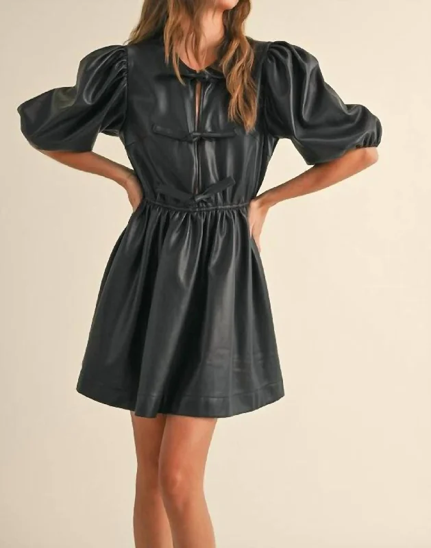 Tie Front Bow Faux Leather Dress In Black