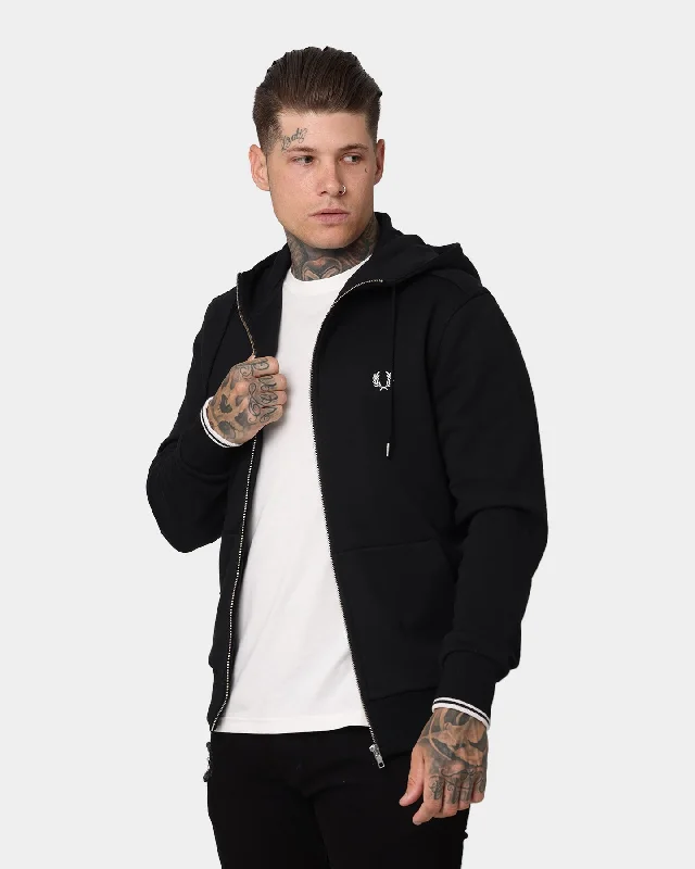 Fred Perry Hooded Zip Through Sweatshirt Black Hoodie with Hem Contrast Bold Stylish Fred Perry Hooded Zip Through Sweatshirt Black Hoodie with Hem Contrast Bold Stylish