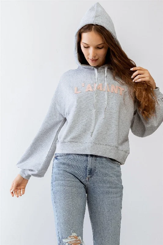 "L'AMANT" Print Long Sleeve Hoodie Sweatshirt /1-2-2-1 Hoodie with Hem Contrast Bold Stylish "L'AMANT" Print Long Sleeve Hoodie Sweatshirt /1-2-2-1 Hoodie with Hem Contrast Bold Stylish