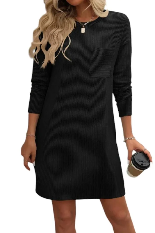 Aurora Ribbed Knit Chest Pocket Dress In Black