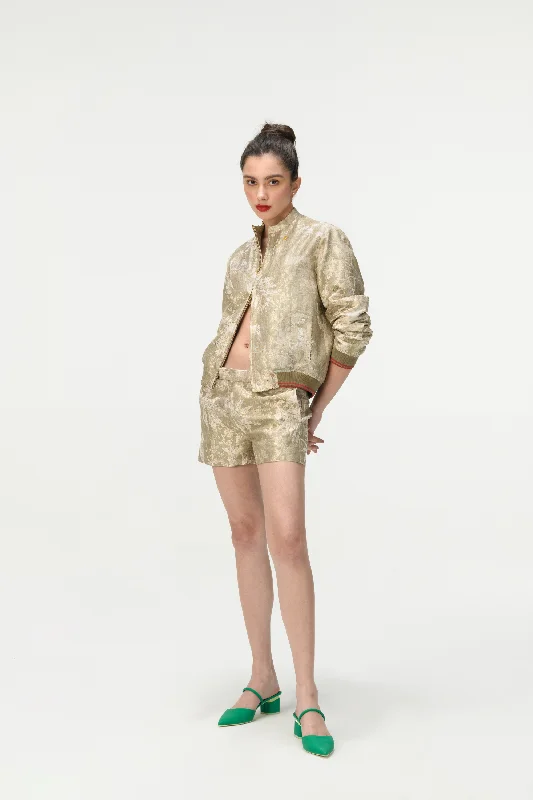 Rainforest Janbaaz Bomber Jacket Oyster Grey Silk Brocade Welt Pockets Slit Pockets Flap Pockets