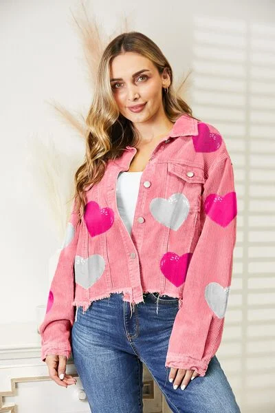 Hazel Blues® |  Heart Sequin Dropped Shoulder Jacket Snapped Jacket Toggled Jacket Drawstring Jacket