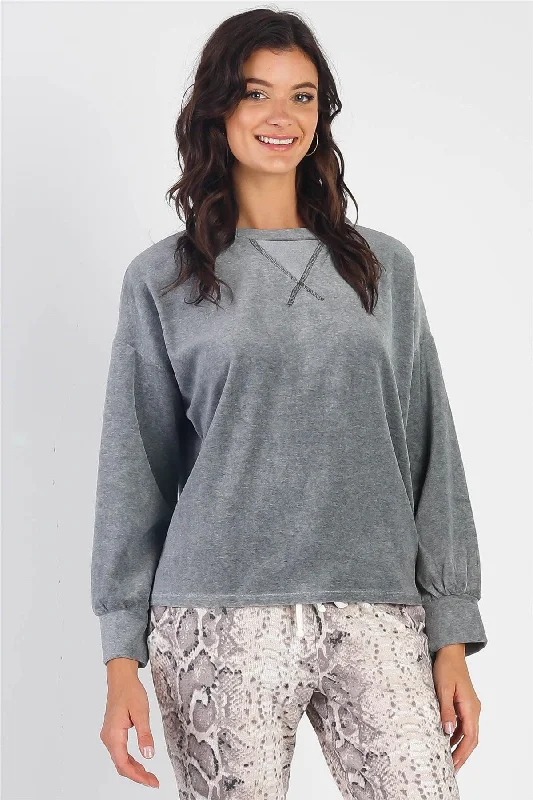 Charcoal Velour Cotton Blend Long Sleeve Sweatshirt Hoodie with Elastic Cuffs Stretchable Comfortable Charcoal Velour Cotton Blend Long Sleeve Sweatshirt Hoodie with Elastic Cuffs Stretchable Comfortable