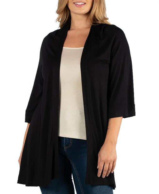 Open Front Elbow Length Sleeve Plus Size Cardigan Stylish Fashionable Trendy