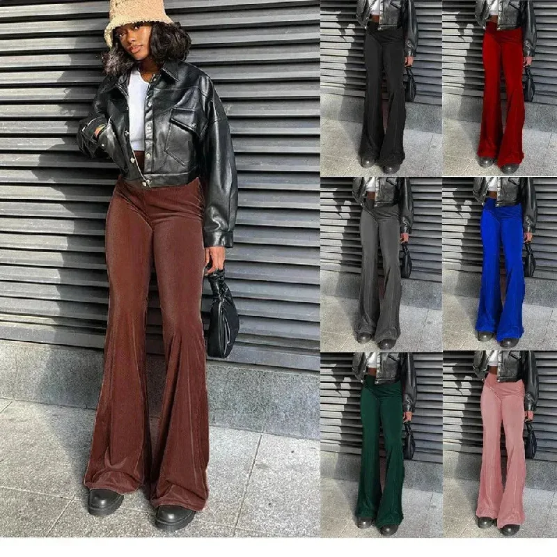 Solid Color Velvet Elastic High Waist Slimming Casual Bootcut Trousers Women Trousers New Arrival