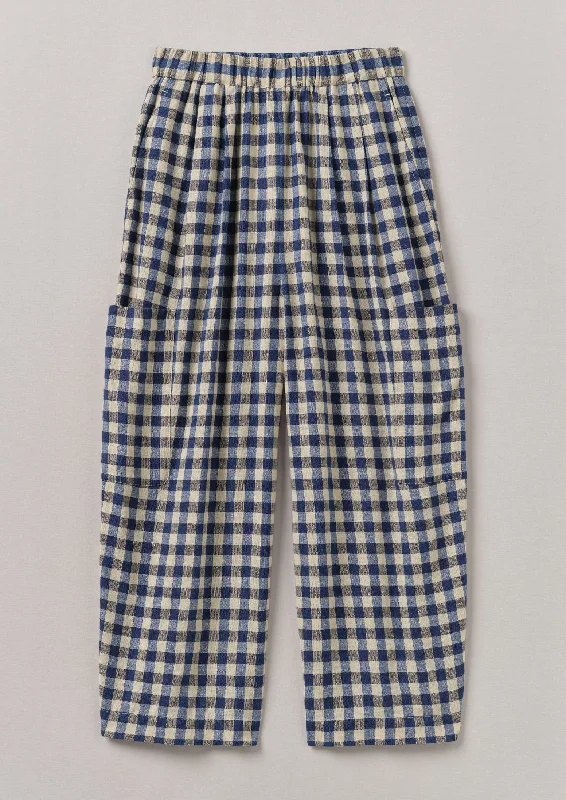 Gingham Linen Patch Pocket Trousers | Denim Blue Trousers Bridal Satin