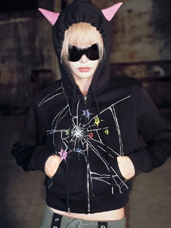 Crackle Print Pointed Short Sweatshirt Jacket【s0000004815】 Hoodie with Velcro Closure Adjustable Secure Crackle Print Pointed Short Sweatshirt Jacket【s0000004815】 Hoodie with Velcro Closure Adjustable Secure