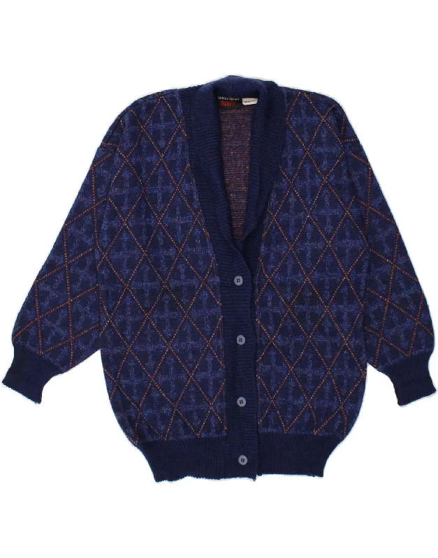 VINTAGE Womens Cardigan Sweater UK 16 Large Navy Blue Argyle/Diamond Cashmere Blend Cotton Blend Poly Blend