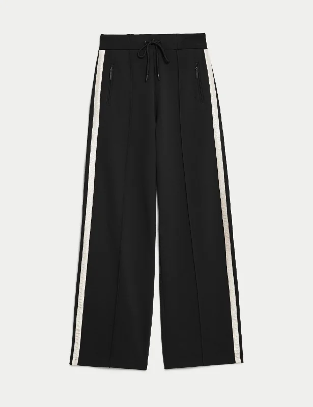 Ponte Sparkly Side Stripe Wide Leg Trousers Chinos Cotton Straight Leg