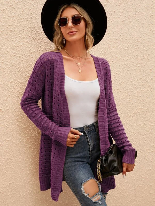 CASUAL SOLID COLOR HOLLOW KNIT CARDIGAN SWEATER COAT Cotton Fabric Linen Fabric Terry Fabric