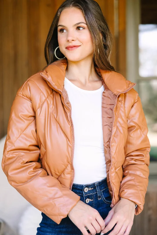 Meet You There Camel Brown Faux Leather Puffer Jacket Fitted Jacket Loose Jacket Oversized Jacket