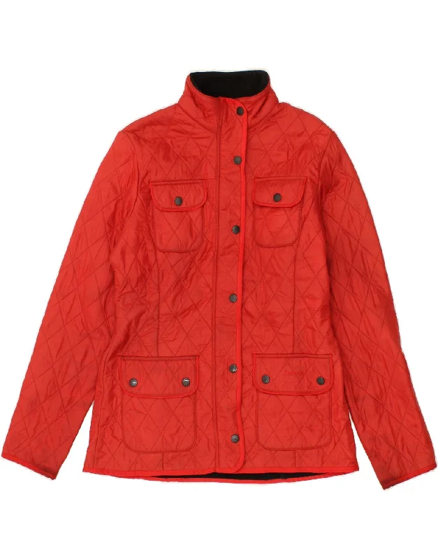 BARBOUR Womens Quilted Jacket UK 10 Small Red Zippered Front Buttoned Front Snap Front