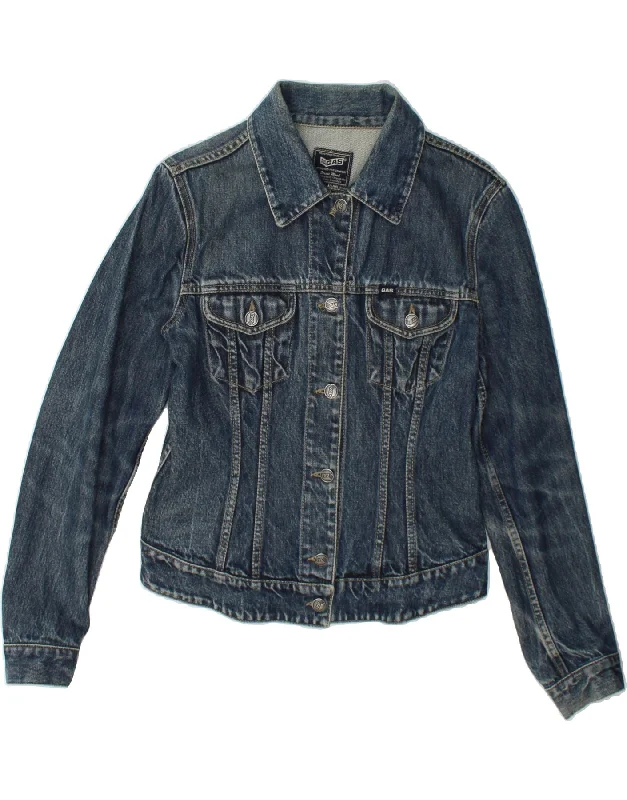 GAS Womens Denim Jacket UK 14 Medium Navy Blue Cotton Herringbone Jacket Checkered Jacket Solid Jacket