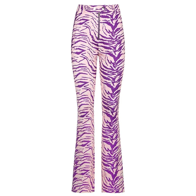 Rapcopter Zebra Printed Pants Y2K Full Length Purple Trousers High Waist Zipper Cargo Pants Animal Women Party Outfits Clubwear Trousers fashionable trendy