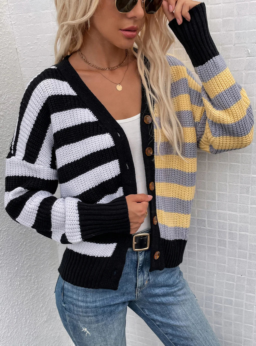 CLASSY STRIPED LOOSE SINGLE-BREASTED CARDIGAN SWEATER Transparent Opaque Sheer