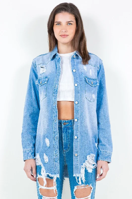 Hazel Blues® |  American Bazi Frayed Hem Distressed Denim Shirt Jacket Belted Jacket Elasticated Jacket Padded Jacket