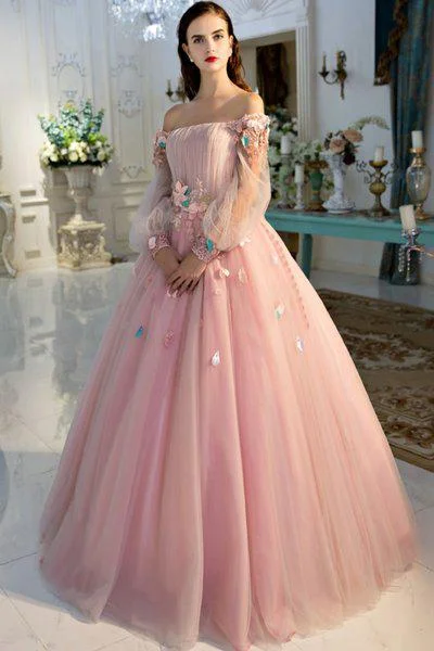 A Line Long Sleeve Pearl Pink Ball Gown Off the Shoulder Long Floral Fairy Prom Dresses uk WK261