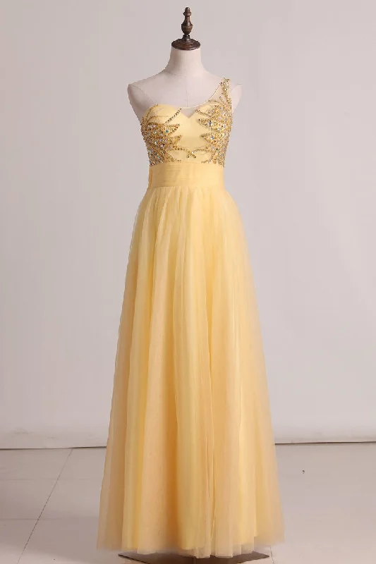 2024 A Line One Shoulder Prom Dress Beaded Bodice Tulle Floor Length
